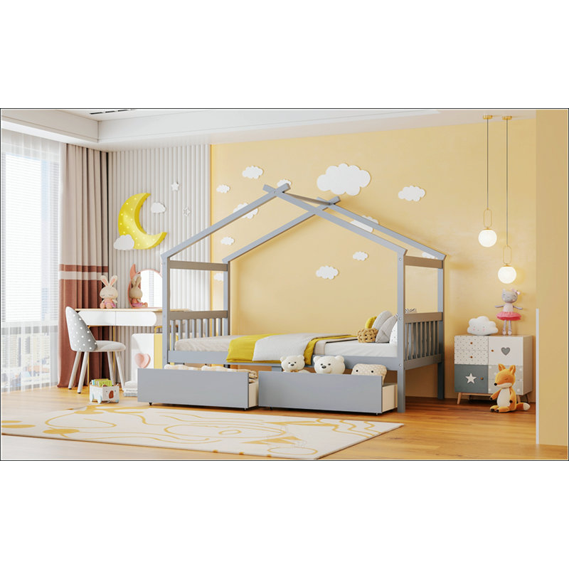 Lit simple en bois avec tiroirs, Gris, Lit simple