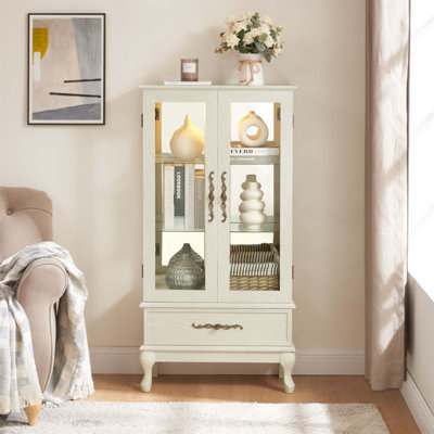 Vitrine vintage avec tablettes réglables en verre, 2 portes, 1 tiroir et éclairage interne pour la présentation et le rangement