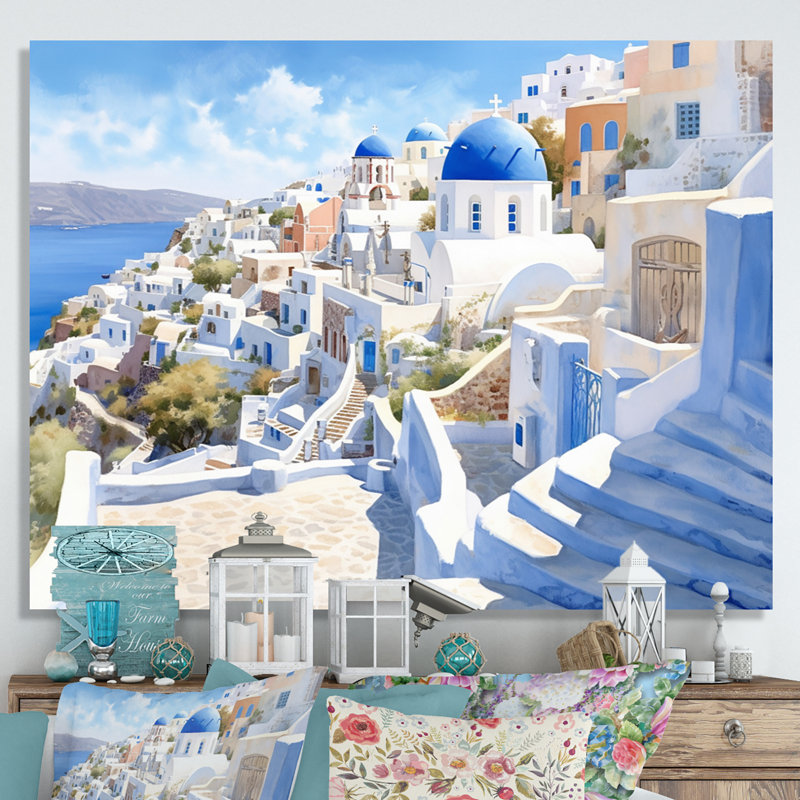 Grecque Santorini Odyssey II - Grèce, art mural, H 16 po x l 32 po x P 1 po, Toile tendue