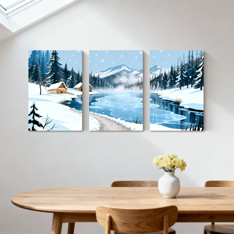 «Winter forest Winter Landscape with Snowy Trees and River», ensemble de 3 impressions sur toile, H 30 po x l 60 po
