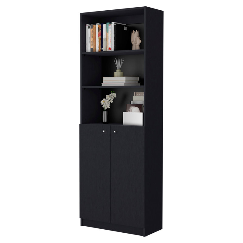 Bibliothèque noire à 2 portes avec trois tablettes ouvertes pour la présentation de la chambre à coucher et des objets décoratifs