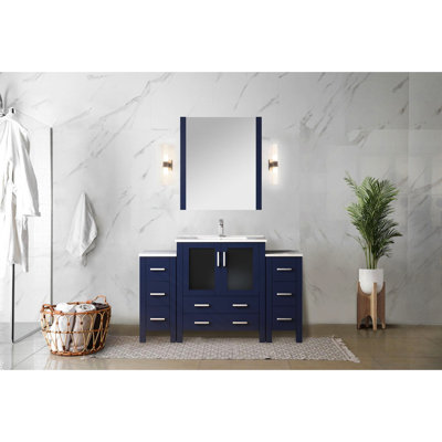 Navy Blue 54 In. W Single Bath Vanity Having Side Cabinets, White Ceramic Top, 28 Mirror, Soft - Closing Performance, Ample Storage Room With Shut Functionality, Abundant