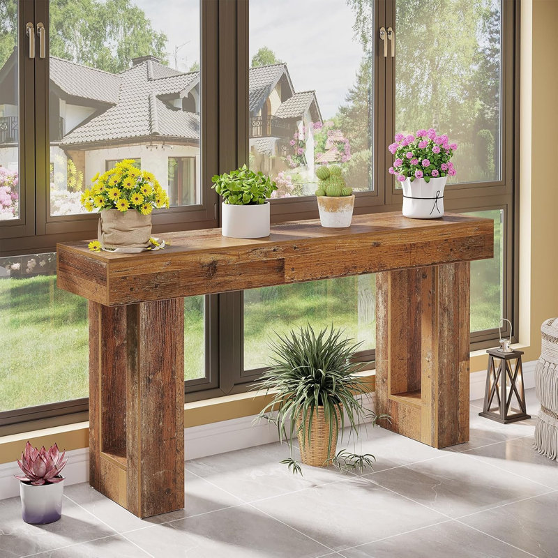Natural Wood 63-Inch Console Table With Thick Top And Chunky Legs - Rustic Farmhouse Sofa Table For Entryway, Living Room, Or Hallway - Solid Wood Construction