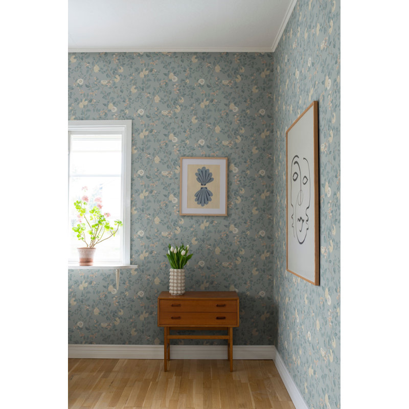 Kvitten Floral Wallpaper Roll, Soft Blue