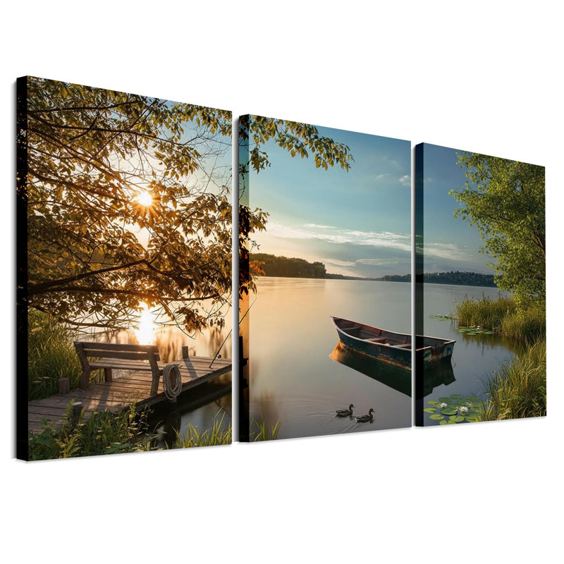 «Sunlit Lake with Blue Row bateau at Wooden Dock», ensemble de 3 toiles, H 24 po x l 16 po x 3 pièces