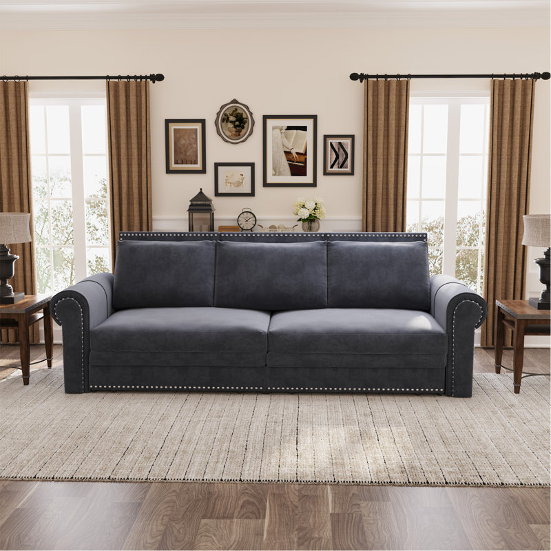 Canapé Chesterfield, canapé-lit gigogne de 93,7 po, canapé-lit convertible en velours 3 en 1 avec garniture cloutée et accoudoirs roulés, canapé-lit multifonctionnel pour le salon, la chambre à coucher, gris