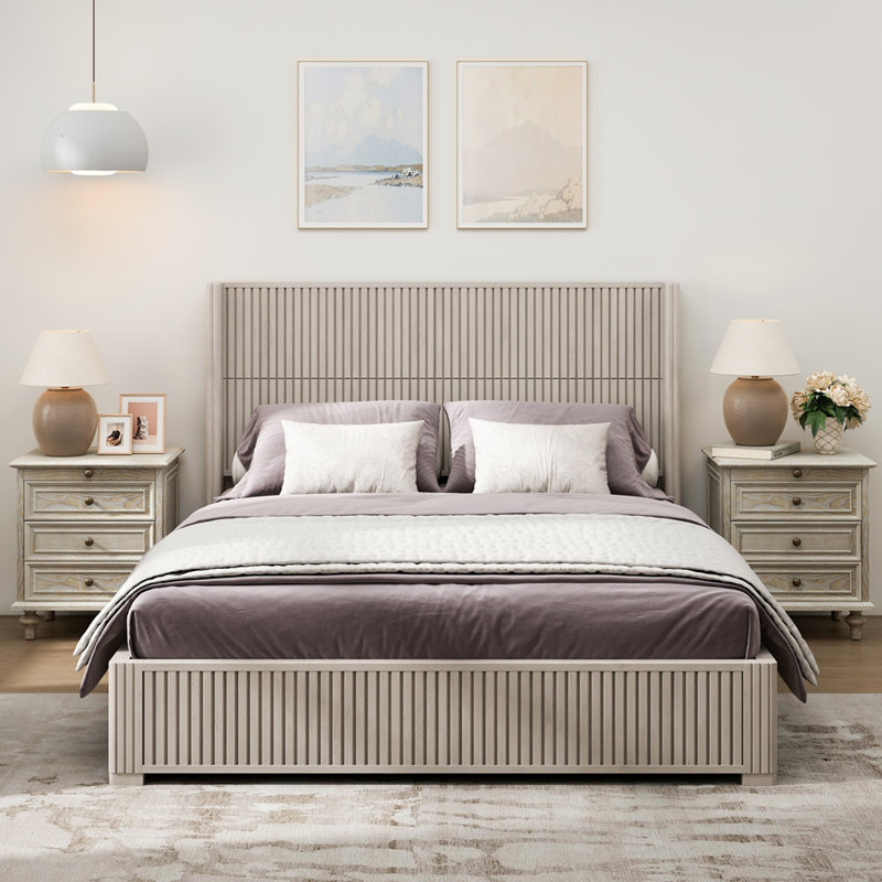 Structure de lit plateforme en bois, aucun sommier nécessaire, Beige, Queen
