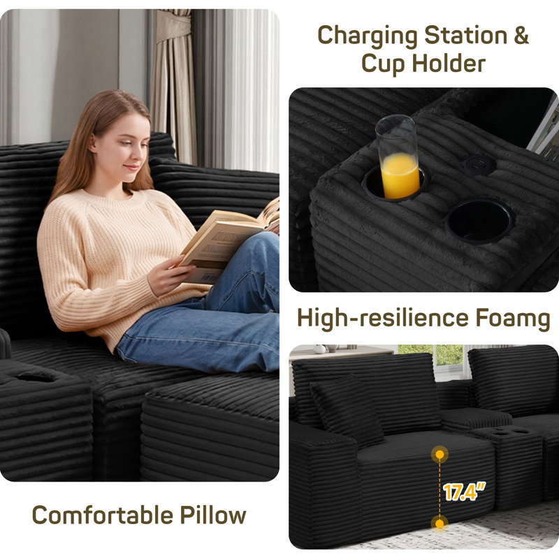 Boneless 111.2" W Sectional Compression Sofa 4 Piece Corduroy Modular Boneless Cloud Couch With Center Console Storage & USB Charging & Cup Holders & Ottoman