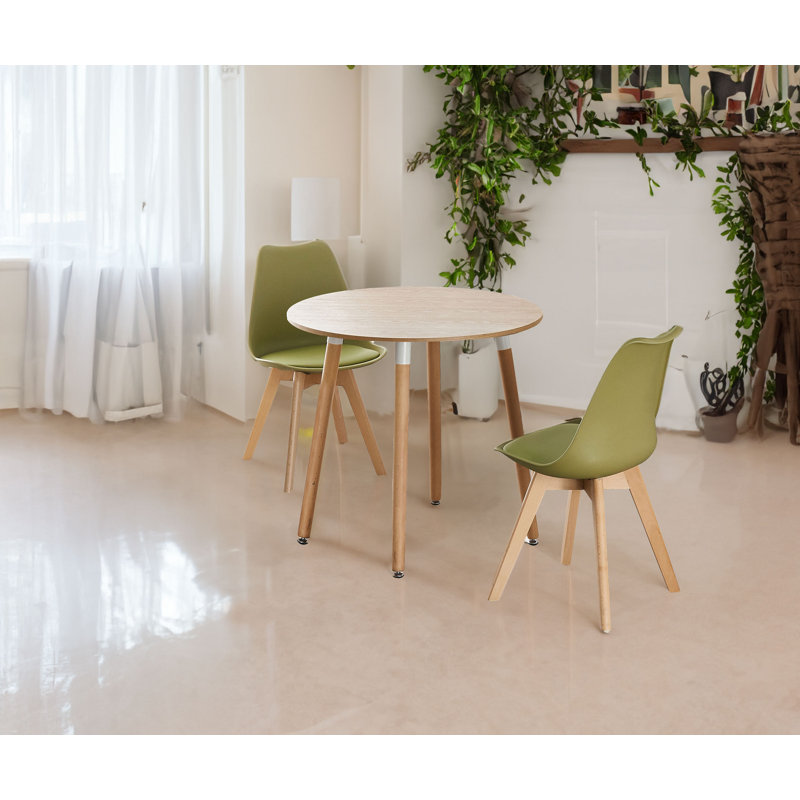 Franconia 2 Person Dining set - a Round Plastic Dining Table with Wooden Legs and a Set of 2 Faux Leather Cushion Padded Dining Chairs for Dining Room - Modern Dining Table Set