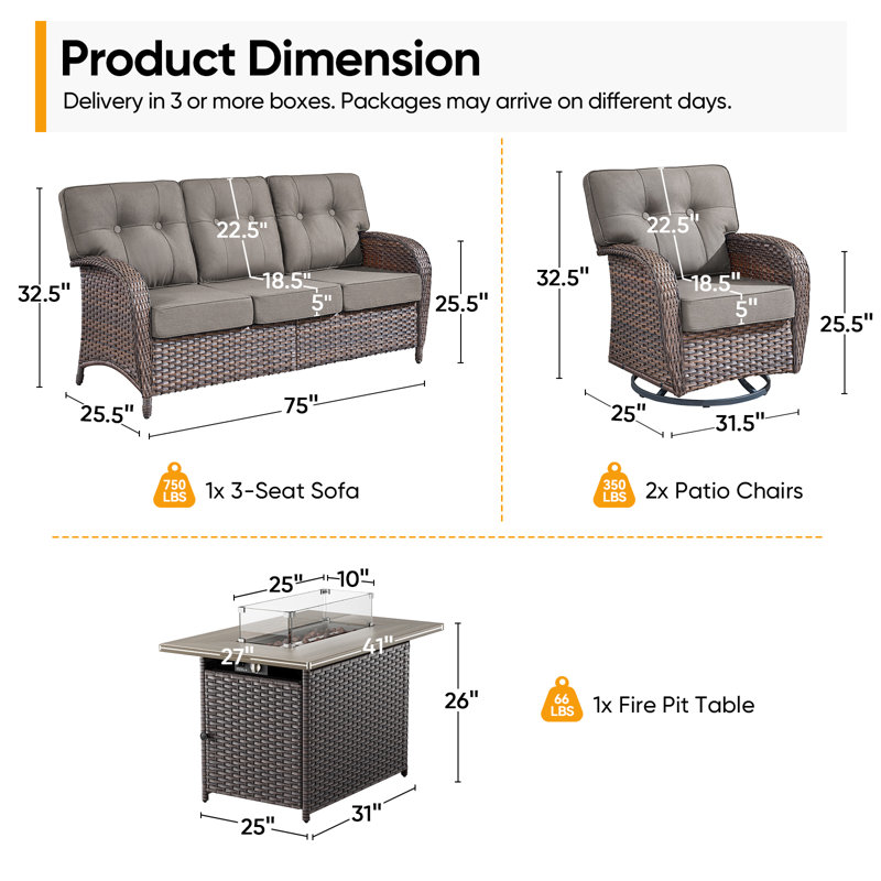 Fiorillo 4-Piece Wicker Rattan Patio Conversation Set With Rectangle Fire Pit Table And Swivel Chairs, Gray