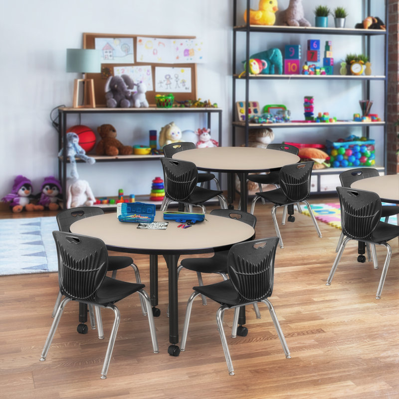 Kee Mobile 36" L Round Education Activity Table and Chair Set, 34" H x 36" L x 36" W, Cherry/Chrome, Black