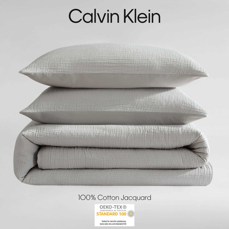 Calvin Klein Washed Texture Solid Cotton Comforter Set, Queen Comforter + 2 Standard Shams, Gray