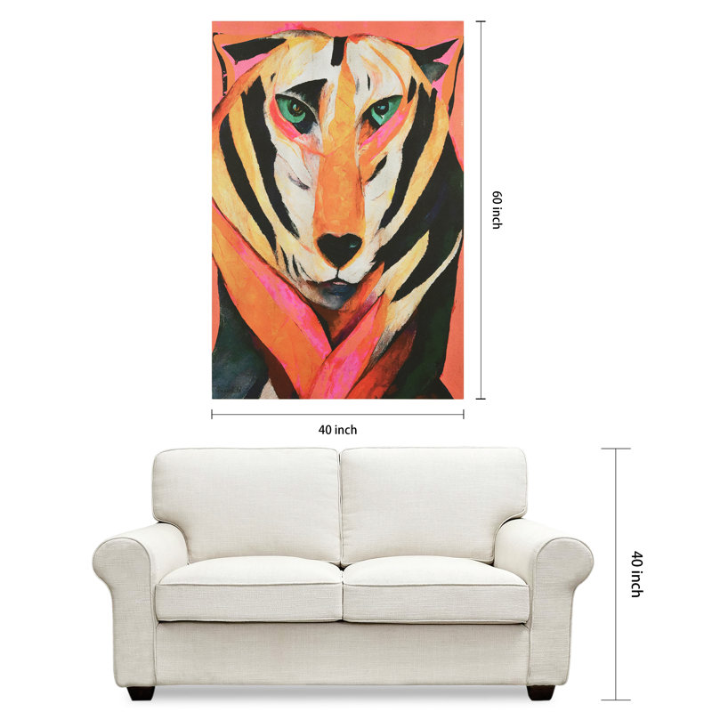 Vibrant Tiger Abstract Art on Gold Shagreen Canvas, 60" x 40"