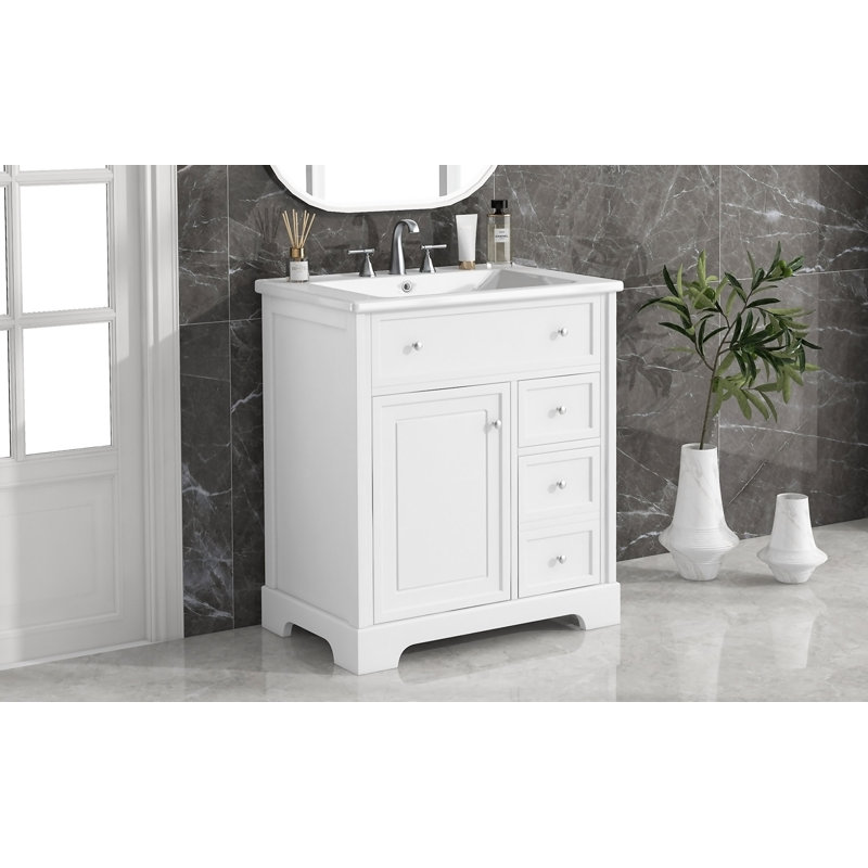 Meuble-lavabo de 30 po avec comptoir d'évier, meuble-lavabo avec porte et deux tiroirs, planches en MDF, bois massif, un paquet