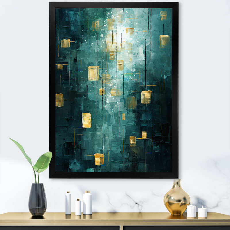 «Sudden Serenity Abstract Turquoise and Gold», reproduction sur toile, Cadre simple noir, H 32 po x l 24 po x P 1 po