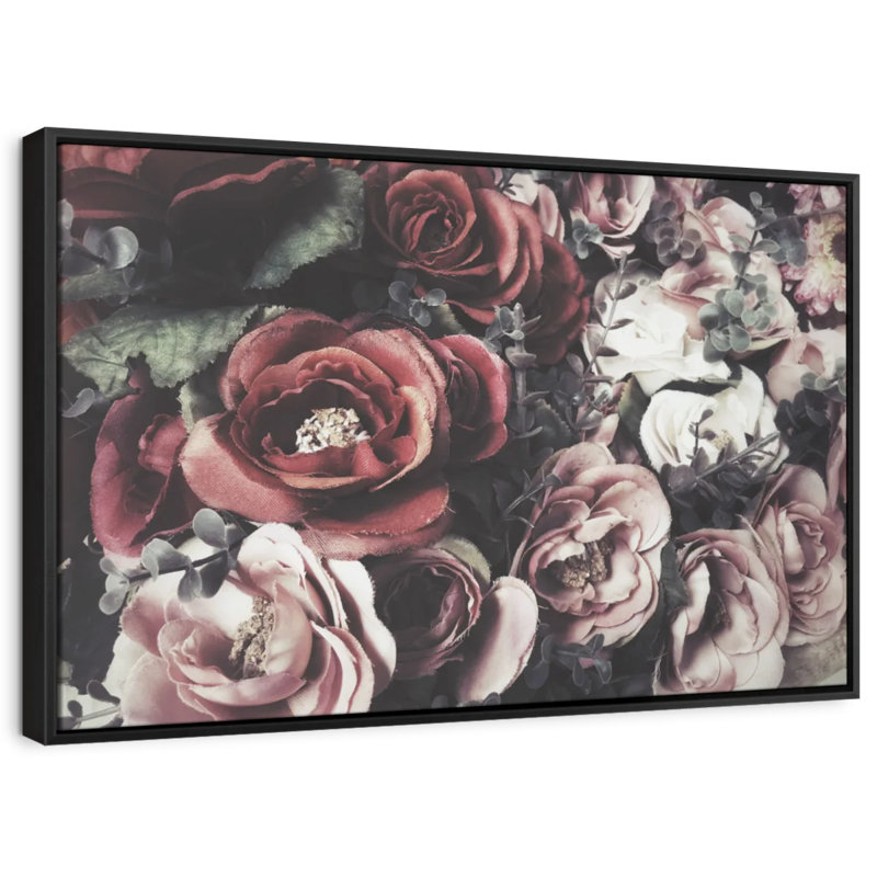 Faux roses, reproduction sur toile, H 9 po x l 13 po