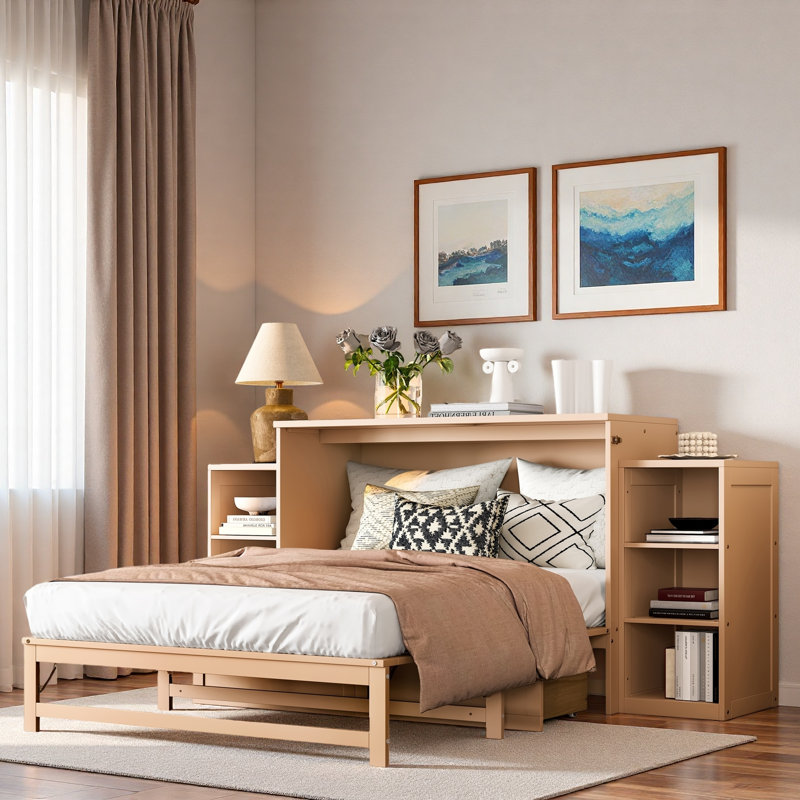 Lit escamotable avec tiroirs de rangement spacieux et tablettes ouvertes, Doré