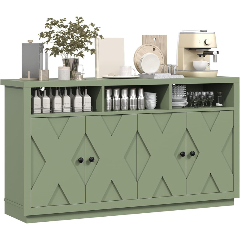 60” Large Sideboard Buffet Cabinet with Storage, Farmhouse Kitchen Buffet Cabinet with Adjustable Shelves and 4 Barn Doors, Wood Coffee Bar Storage Cabinet for Kitchen, Dining Room, Green