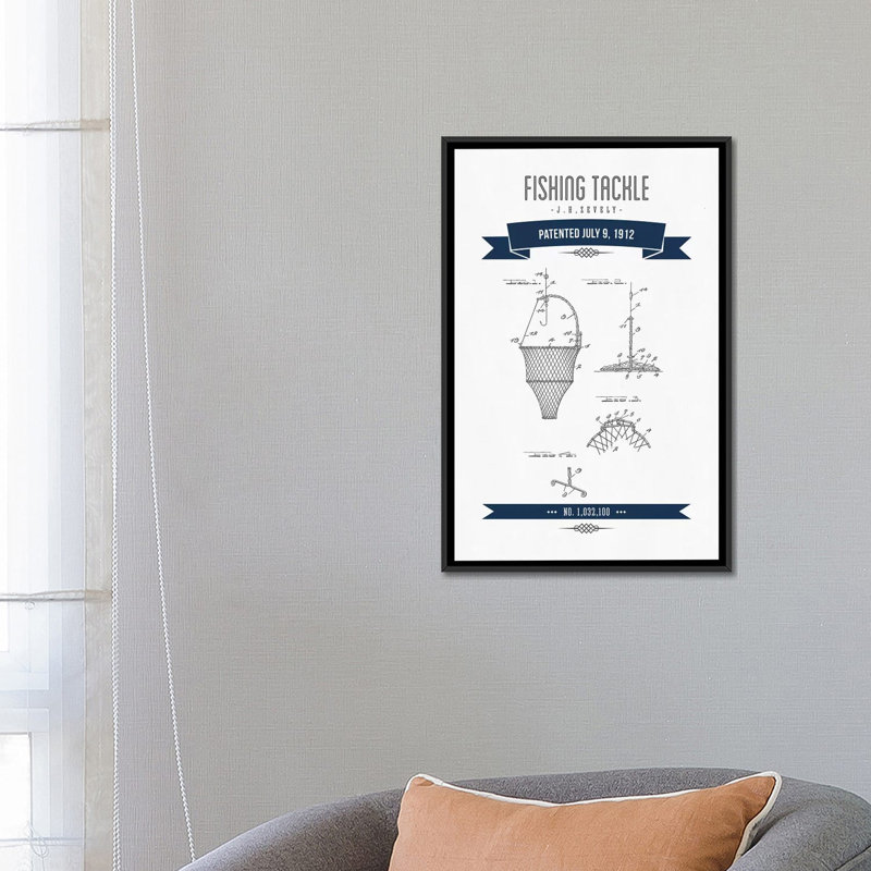 " J.H. Zevely Fishing Tackle Patent Sketch Retro " by Aged Pixel, Black Framed Canvas, No Mat, 48" H x 32" W x 1.5" D