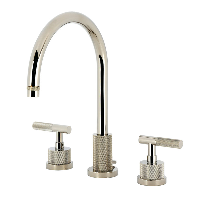 Kingston Brass Convergent Two-Handle 3-Hole Deck Mount Widespread Bathroom Faucet With Knurled Handle And Brass Pop-Up