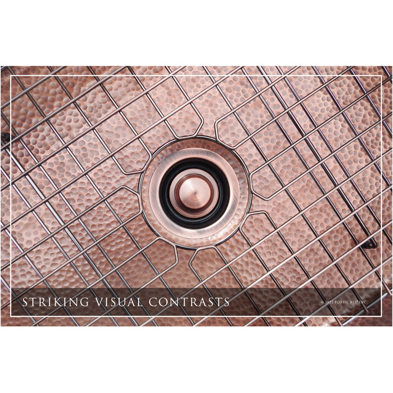Fossil Blu Luxury 24" 12-Gauge Hammered Copper Undermount/Drop-In Sink, Medium Patina, Incl Accs