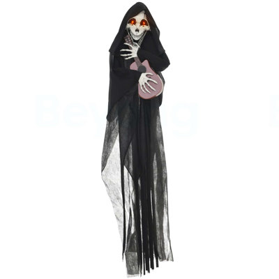 4.3' Outdoor Halloween Decoration Animatronic Guitar-playing Grim Reaper, Sound and Motion Activated Animated Prop with Light Up Eyes & Guitar Music