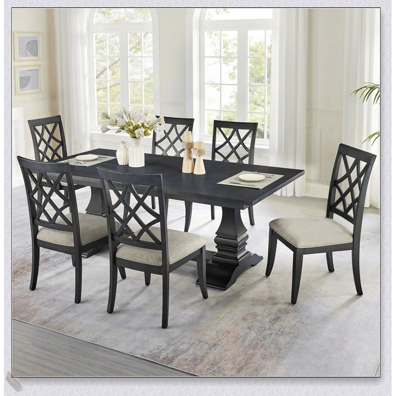 (1 table + 6 chaises) Ensemble de salle à manger en bois extensible pour 7 personnes de 102,01 pouces pour 6 personnes, design incurvé, cuisine moderne et chaises rembourrées