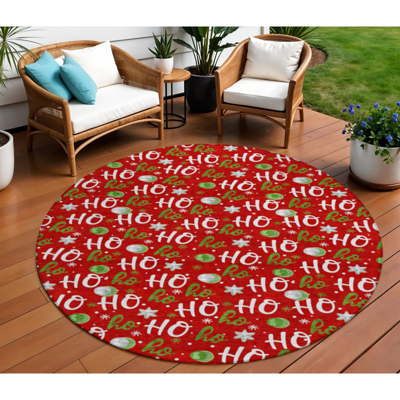 Tapis intérieur/extérieur rond de 8 pieds rouge, blanc et vert à motifs « Ho Ho Ho », lavable