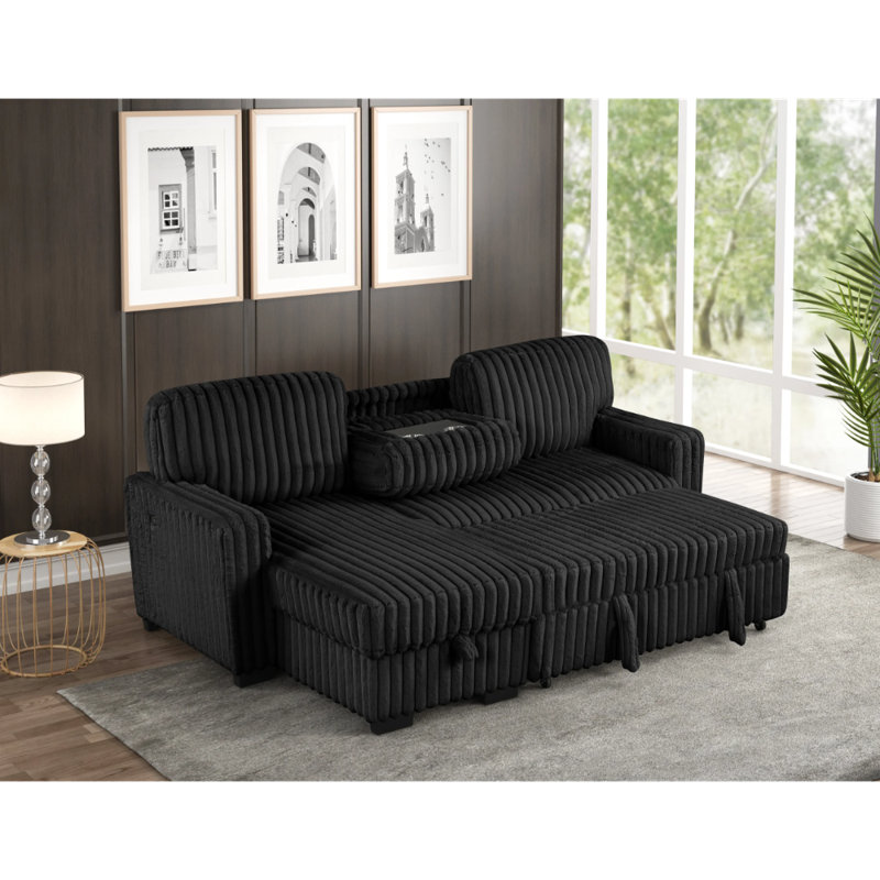 Poland Charcoal Reversible Sectional With Pull-Out Bed, Black Fabric
