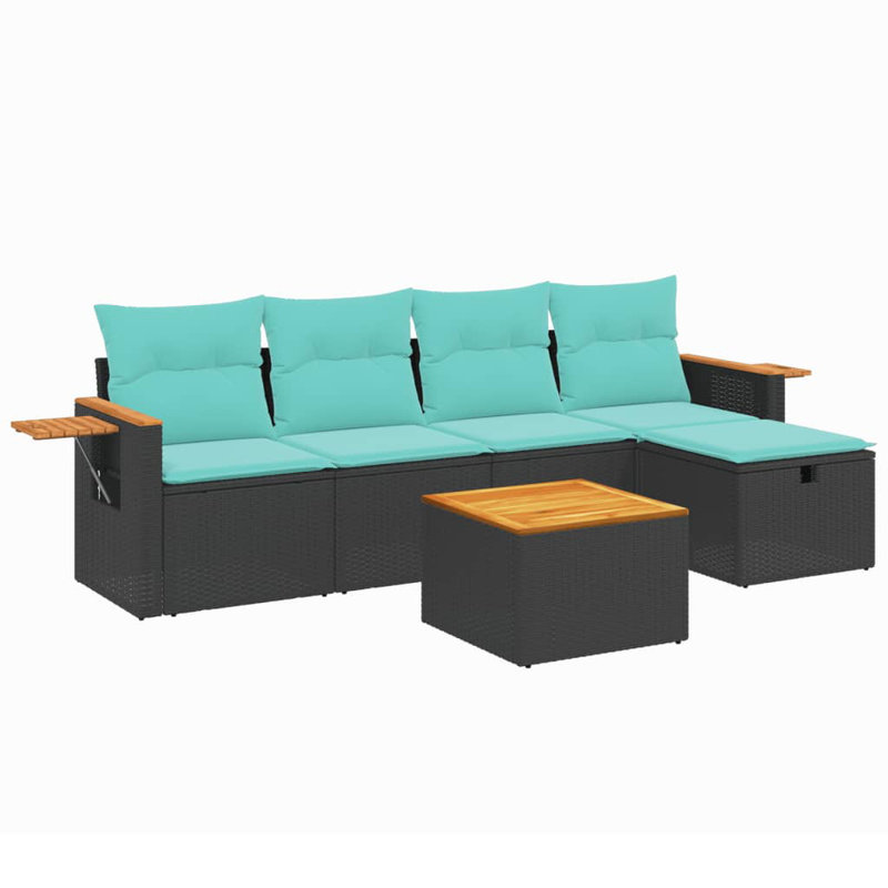 Ensemble de canapé de patio 6 pièces avec coussins en rotin de polyester, Bleu clair, Noir