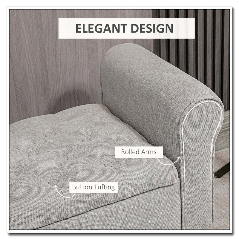 Banc de rangement capitonné à boutons avec accoudoirs roulés, Gris clair