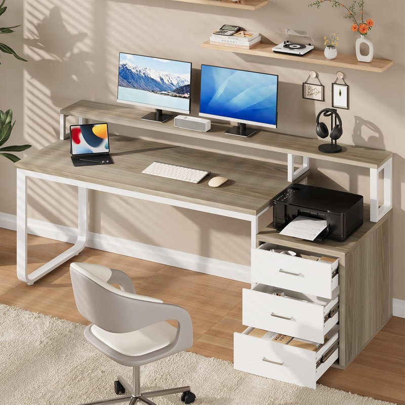Computer Desk with Power Outlet, Walnut/White