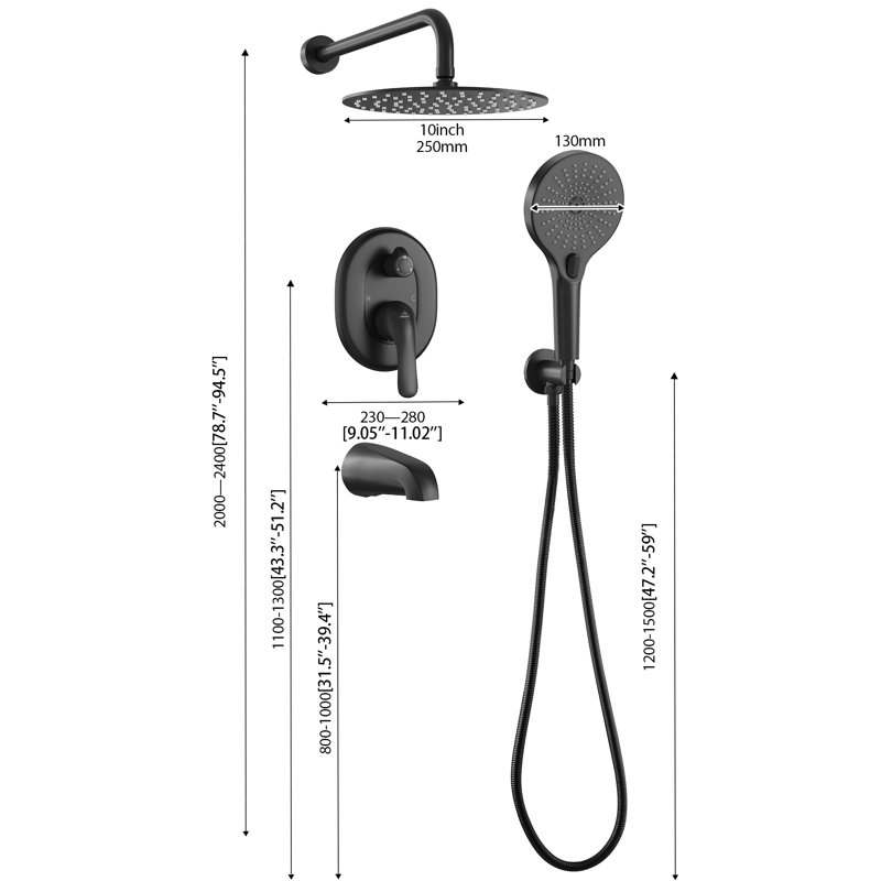 10 inch Round Shower System with 3 Setting Handheld, Black Rainfall Shower Head, All-In-One Kit with Rough-in Valve