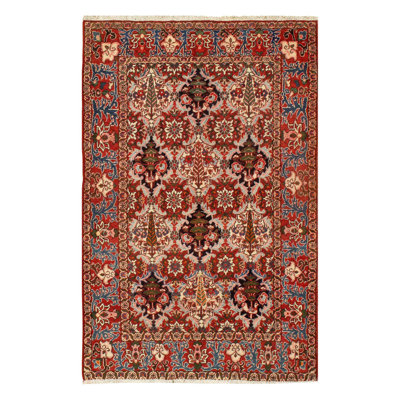 Tapis bleu / rouille / beige en coton / laine oriental noué à la main 4 pi 6 po x 7 pi Oriental