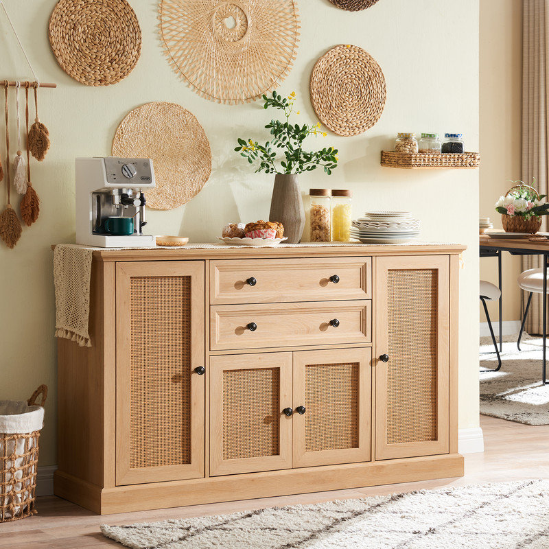 Buffet Niyah 58 po avec rangement, buffet avec 4 portes et 2 tiroirs, Blanc / Brun