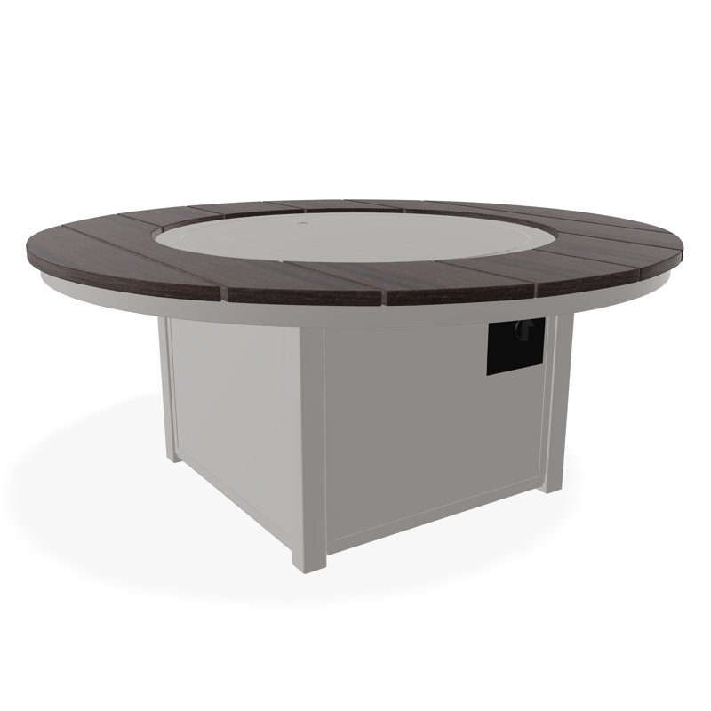 54" Round Rustic Polymer Fire Table with Propane Shelf, Warm Gray/Chestnut