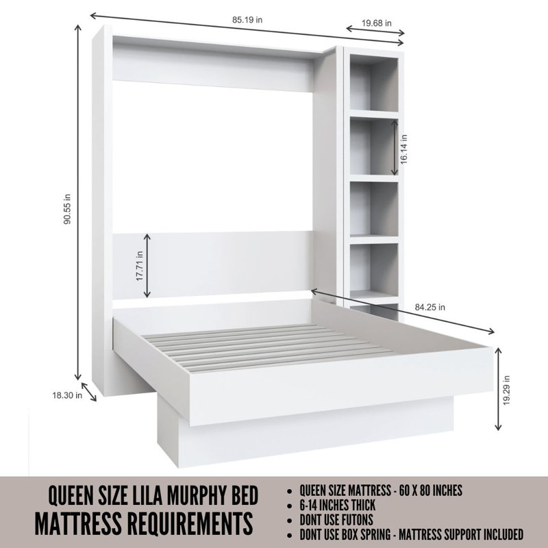 Easy-Lift Murphy Wall Bed with Bookshelf, Gray, Queen