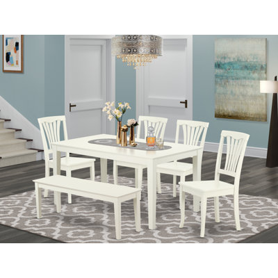 6 Piece Dining Table Set Contains a Rectangle Kitchen Table and 4 Dining Chairs with a Bench, 36x60 Inch, Linen White