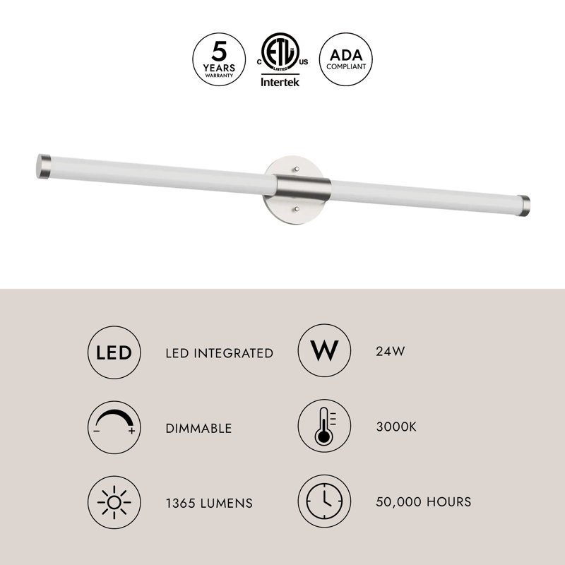 Akari 1 - Light LED Bath Bar, Brushed Nickel, 1.5" H x 35.5" W x 2.25" D