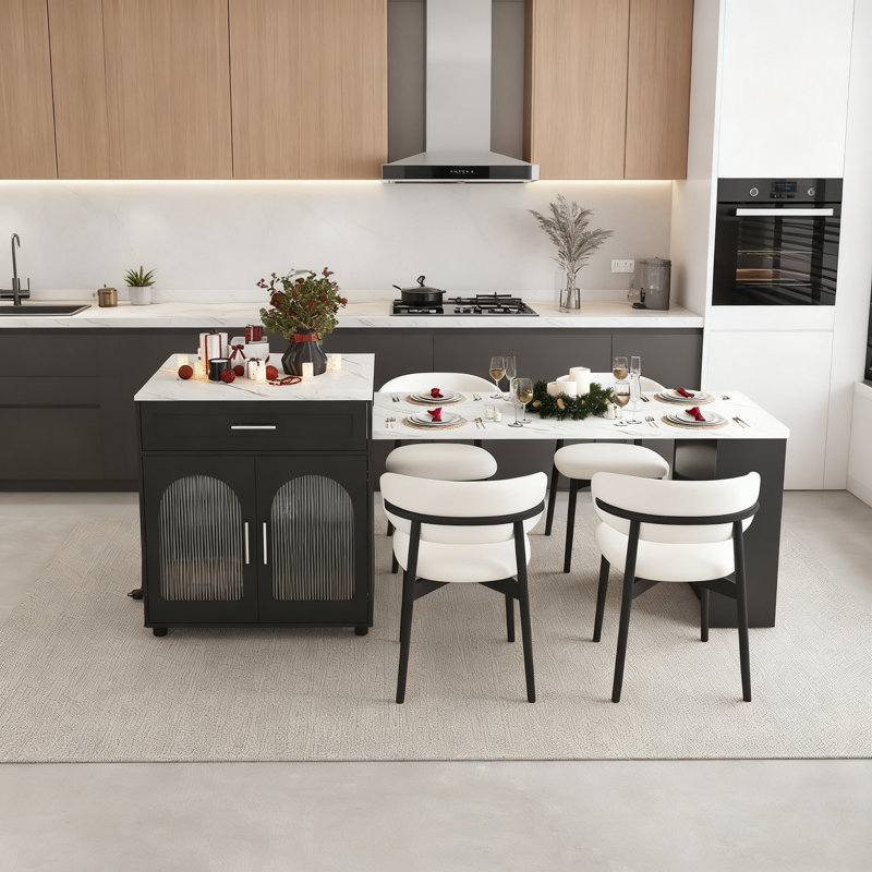80-Inch Expandable Kitchen Island With Built-In Power Sockets For The Dining Table, With Cabinets And A 2-Drawer Mobile Storage Trolley