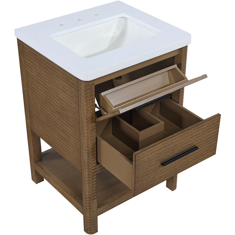 Meuble-lavabo de 24 po en pierre d'ingénierie et en bois massif Oakwell, Brown, 24"