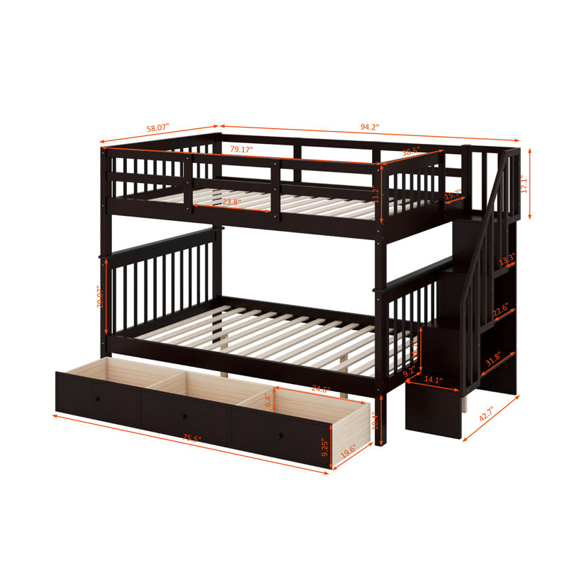 Lit superposé avec tiroirs et escaliers, structure de lit superposé avec tablettes de rangement, lit superposé en bois