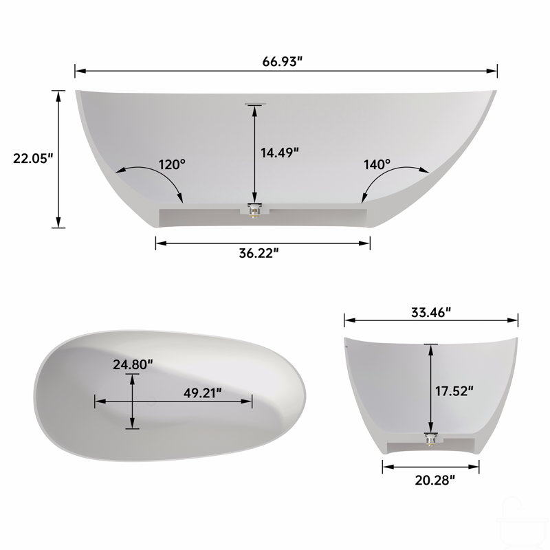 67"  Solid Surface Deep Soaking Bathtub, Matte White