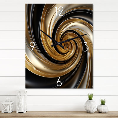 Tourbillon spirale abstrait or liquide et noir - Très grandes horloges murales spirales abstraites