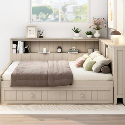 Lit de jour en bois pleine grandeur avec lit gigogne et tablettes, lait blanc antique - bois de pin massif +, rangement multiple, rangement esthétique pour plus de sommeil, aucun sommier nécessaire