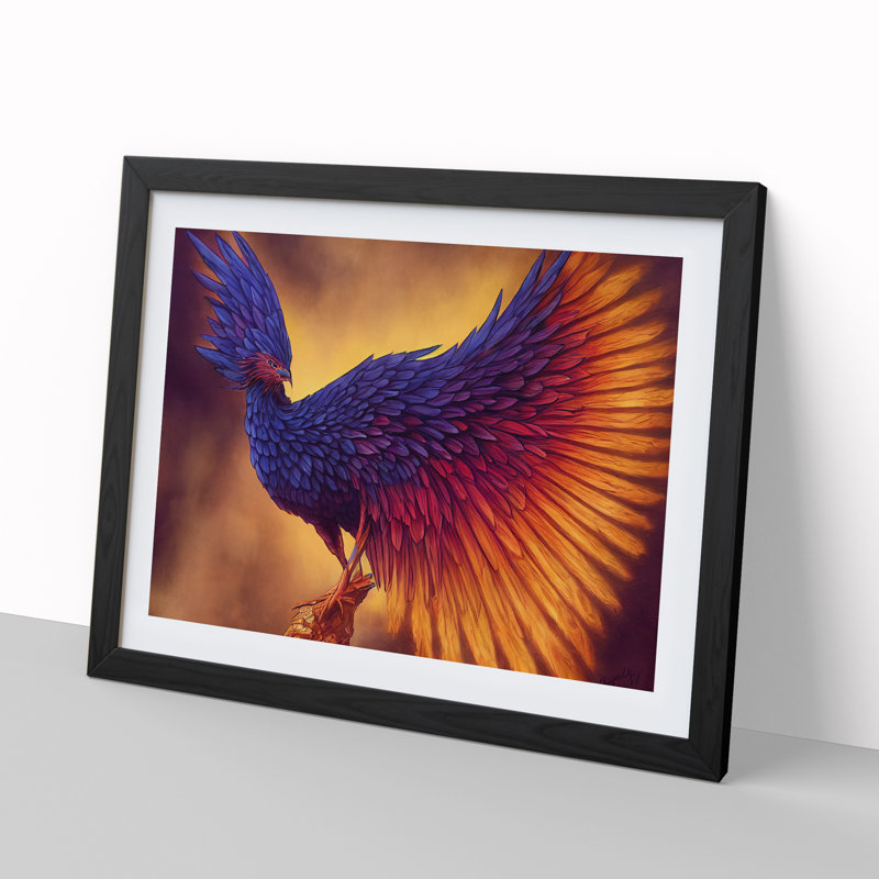 Shimmering Phoenix Bird - Single Picture Frame Print, 46cm H x 64cm W x 2cm D, Black