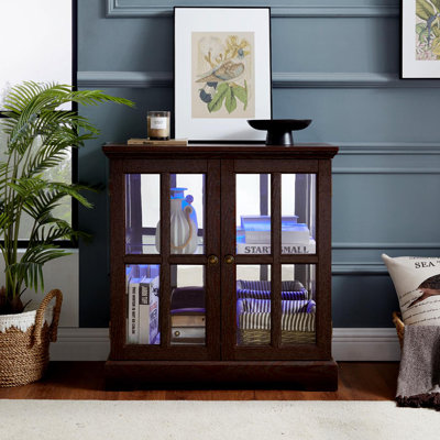Retro Antique LED Curio Display Cabinet With Adjustable Shelves And Lattice Doors