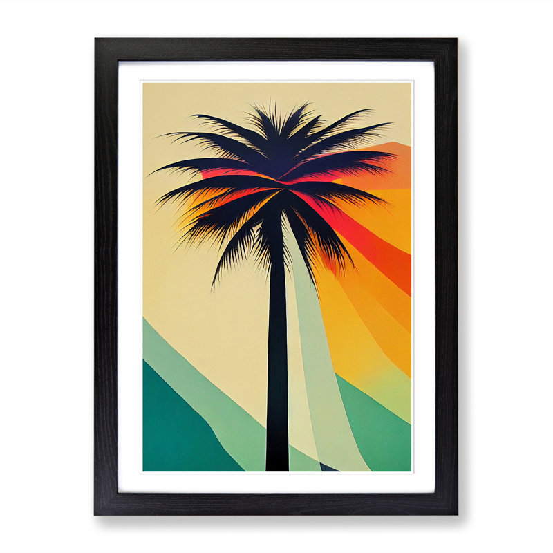 Palm Tree Retro - Single Picture Frame Print, Black, 34cm H x 25cm W x 2cm D