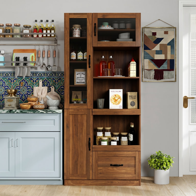 Armoire-buffet de 71 po de hauteur en noyer avec support pour micro-ondes, armoire-bar de rangement autoportante avec crochets de 32 po de largeur