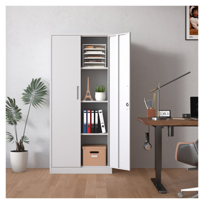71"H Heavy Duty Lockable Metal Garage Storage Cabinet with Adjustable Shelves, White Steel Tool Organizer Cabinet for Garage, Home Office, Pantry